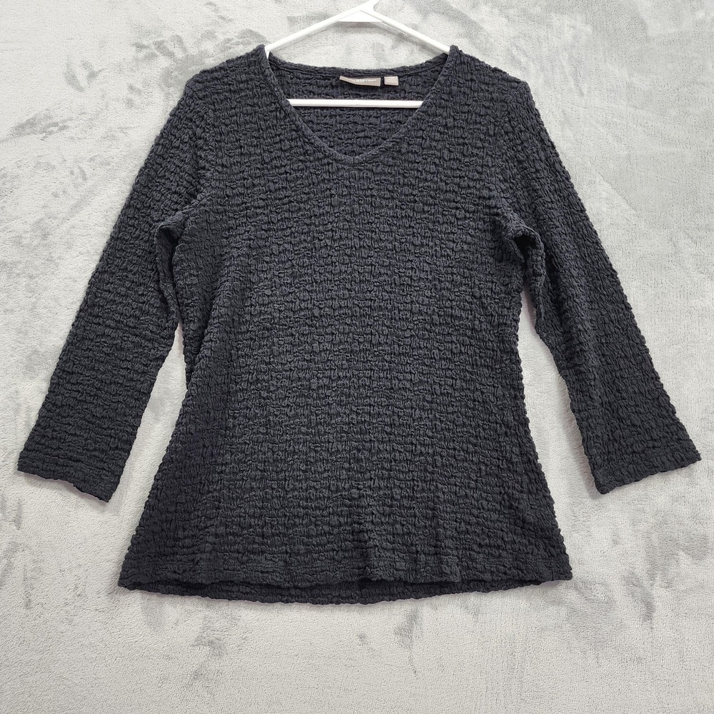 Croft & Barrow Top Womens PM Black Textured V-Neck 3/4 Sleeve Stretch Pullover
